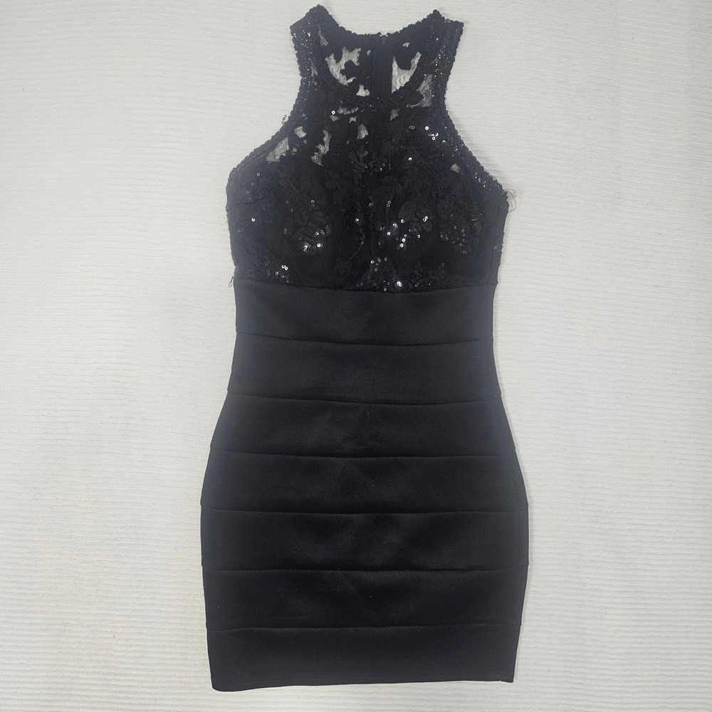 Sequin Hearts Black Lace Halter Sequin Bodycon Bandage Dress Size 5 LBD Cocktail